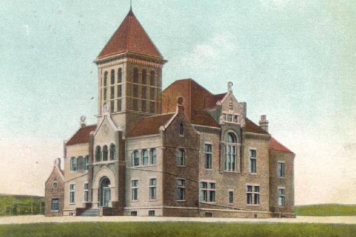 Color view of the Morton County Courthouse around 1936