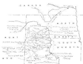 Map showing the route of early European explorers to the Mandan villages