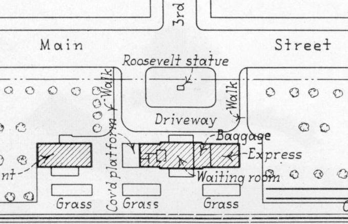 1931 layout of the Northern Pacific depot grounds and Roughrider statue
